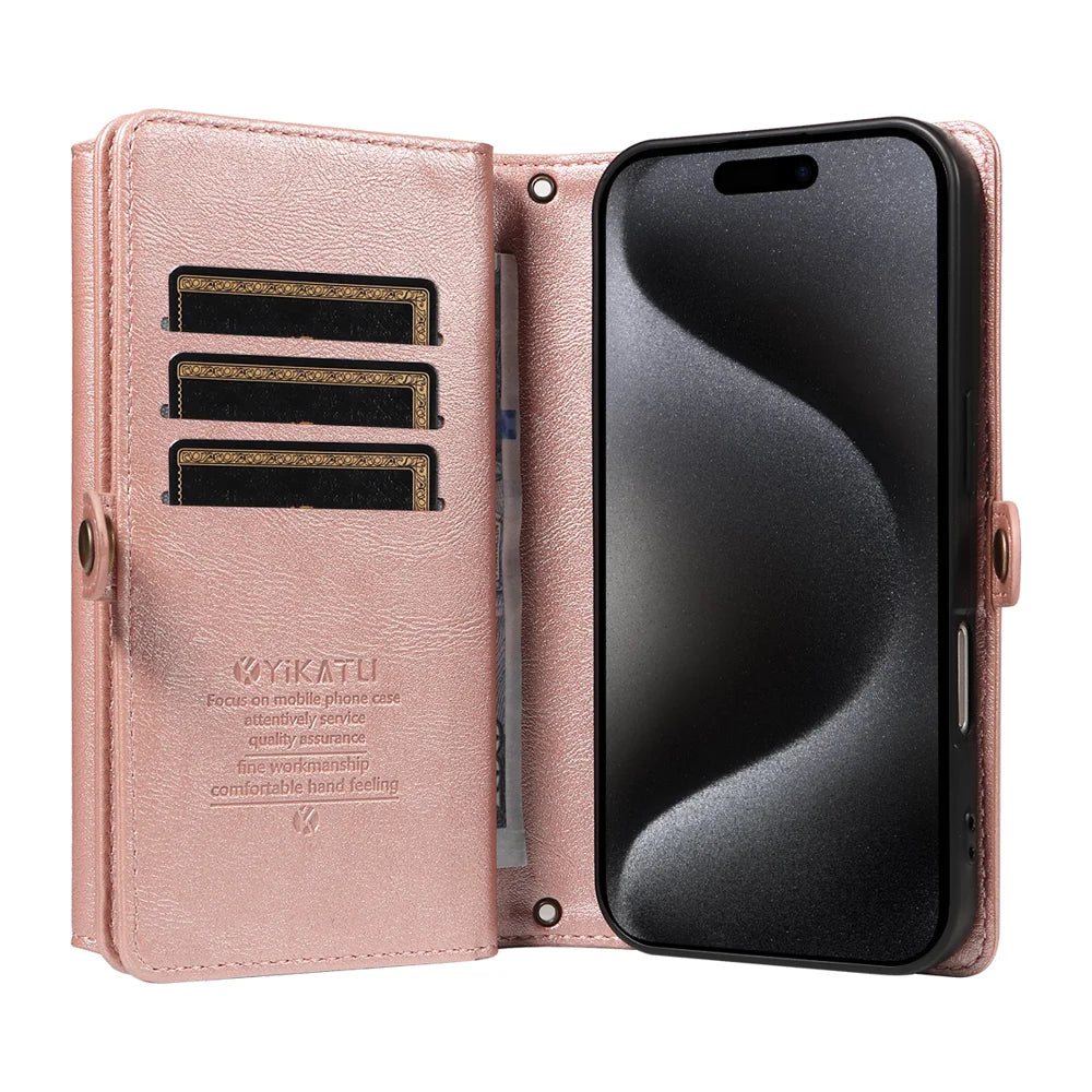 YIKATU For iPhone 15 Pro Case  YK-008 Zipper Wallet Leather Phone Cover with Shoulder Strap - Rose Gold - 2