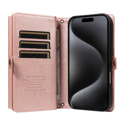 YIKATU For iPhone 15 Pro Case  YK-008 Zipper Wallet Leather Phone Cover with Shoulder Strap - Rose Gold - 2