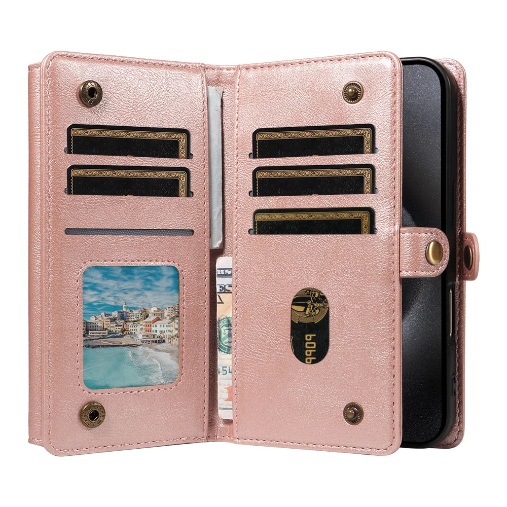 YIKATU For iPhone 15 Pro Case  YK-008 Zipper Wallet Leather Phone Cover with Shoulder Strap - Rose Gold - 3
