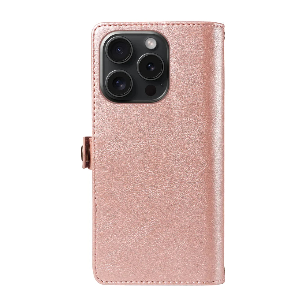 YIKATU For iPhone 15 Pro Case  YK-008 Zipper Wallet Leather Phone Cover with Shoulder Strap - Rose Gold - 7