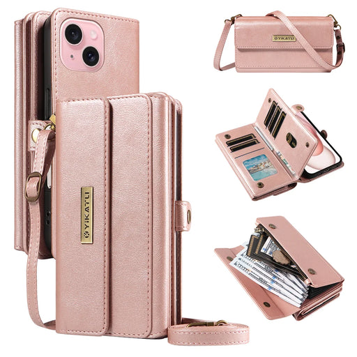 YIKATU For iPhone 15 Case  YK-008 Zipper Wallet Leather Phone Cover with Shoulder Strap - Rose Gold - 1