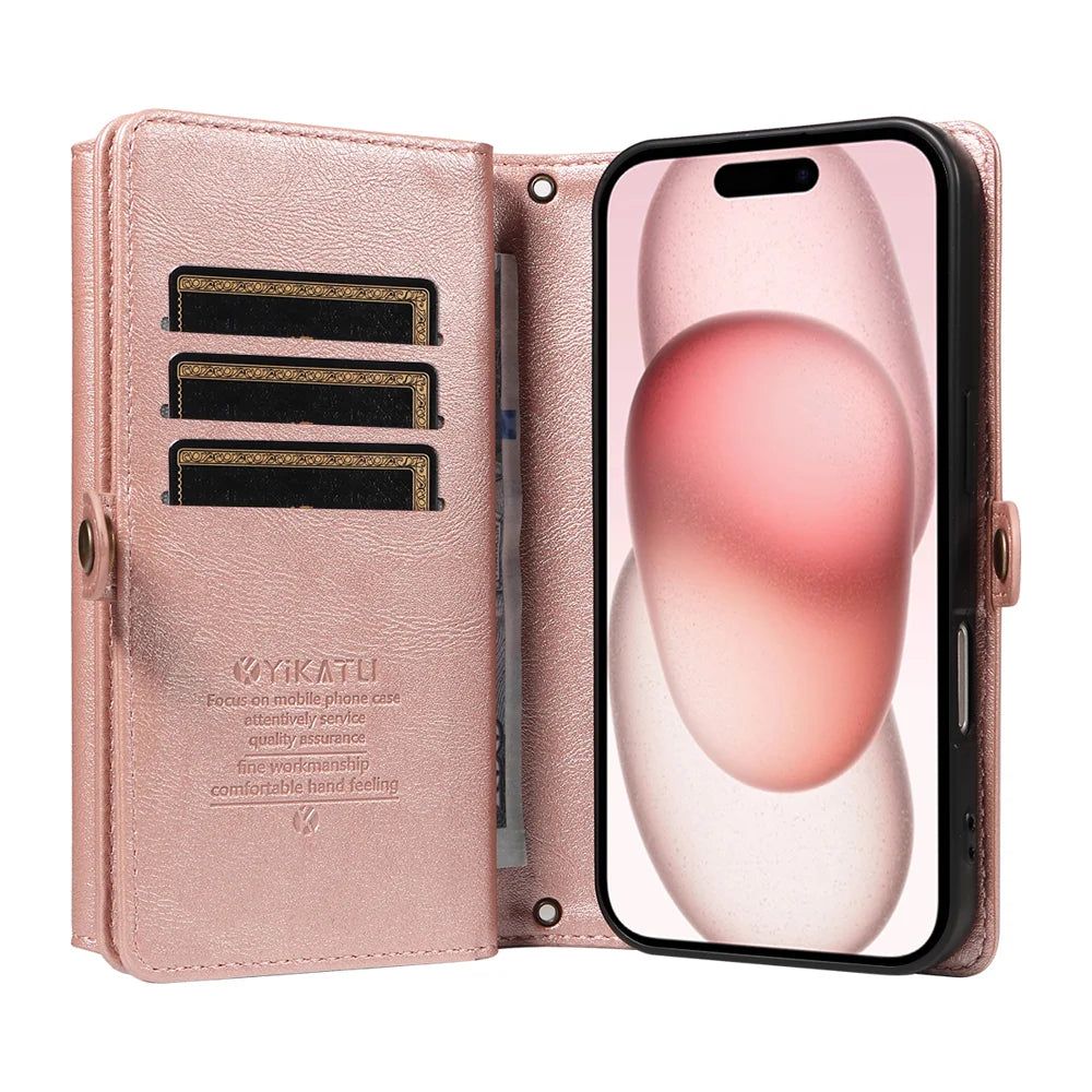 YIKATU For iPhone 15 Case  YK-008 Zipper Wallet Leather Phone Cover with Shoulder Strap - Rose Gold - 2