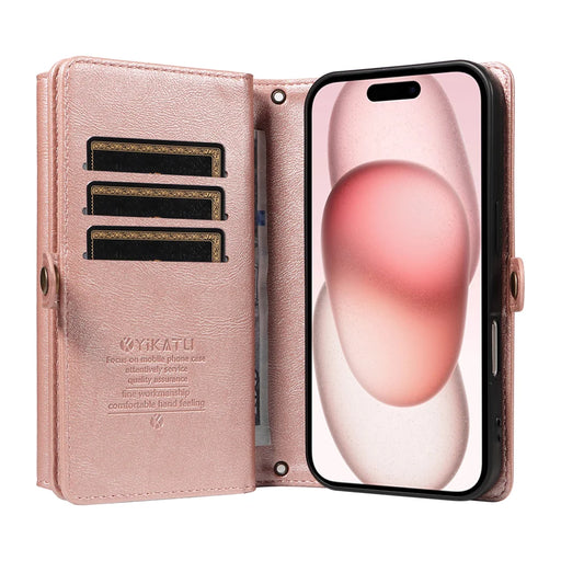YIKATU For iPhone 15 Case  YK-008 Zipper Wallet Leather Phone Cover with Shoulder Strap - Rose Gold - 2