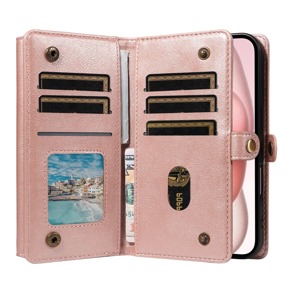 YIKATU For iPhone 15 Case  YK-008 Zipper Wallet Leather Phone Cover with Shoulder Strap - Rose Gold - 3