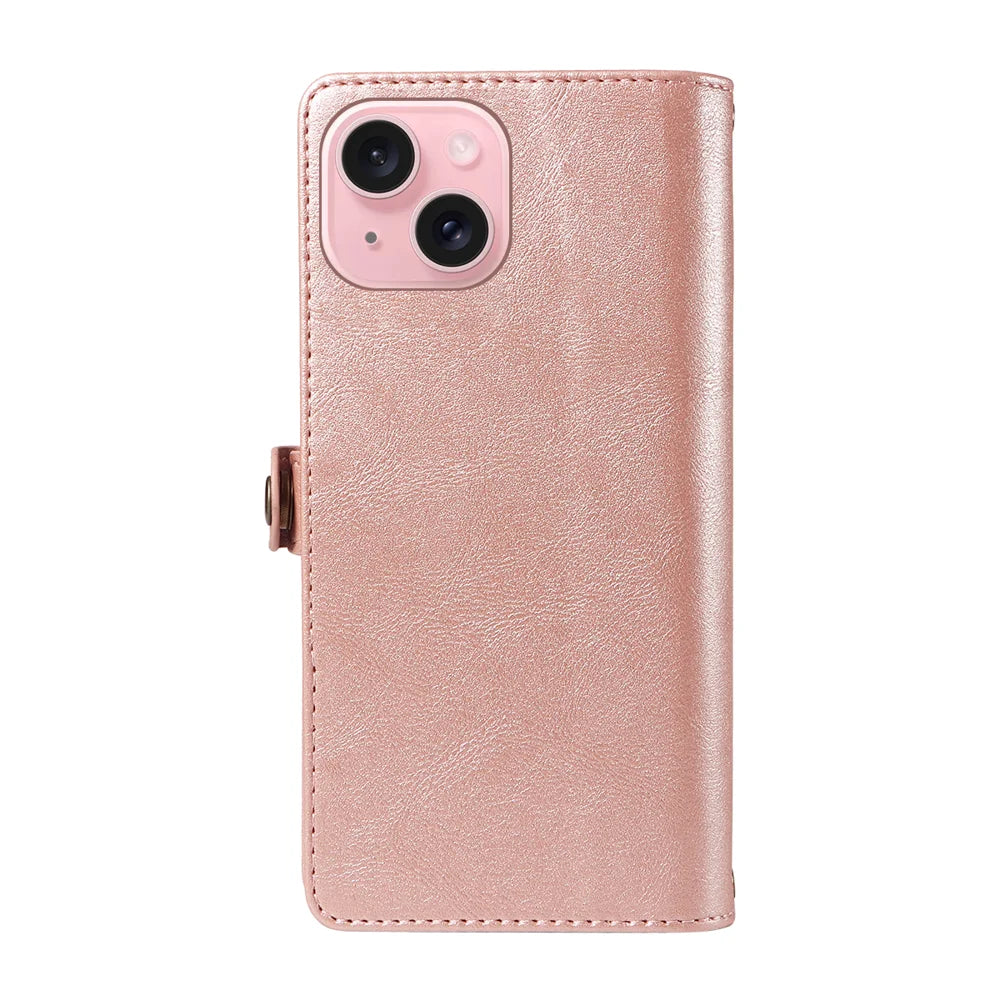YIKATU For iPhone 15 Case  YK-008 Zipper Wallet Leather Phone Cover with Shoulder Strap - Rose Gold - 7