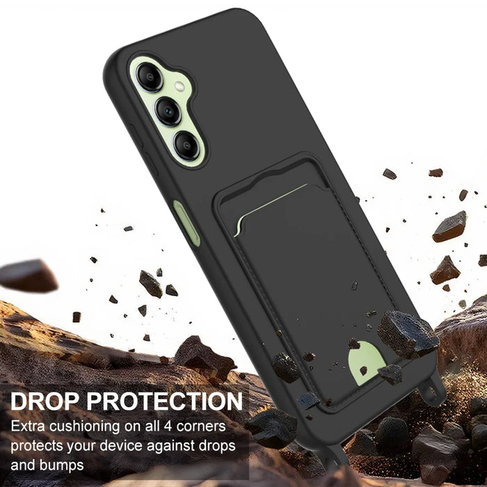 For Samsung Galaxy A14 5G / Galaxy A14 4G Liquid Silicone Case  Phone Back Cover with Card Holder and Short Strap - Black - 5