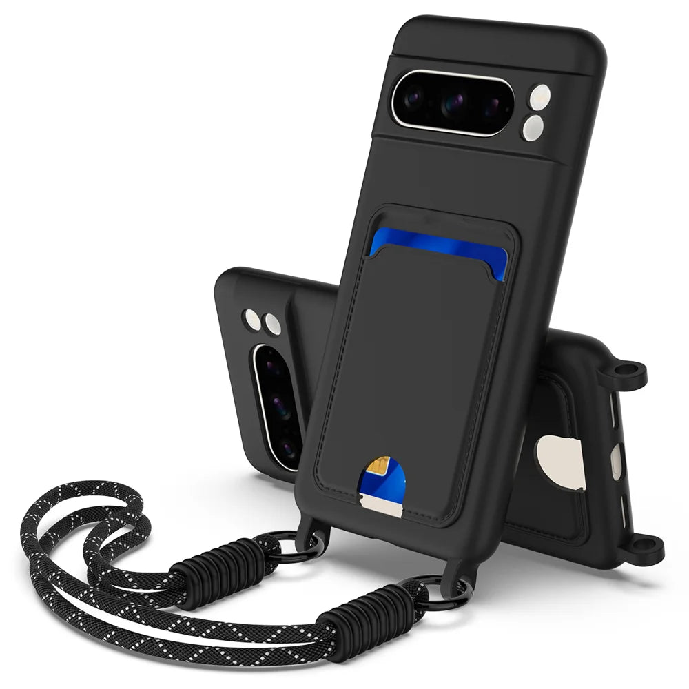 For Google Pixel 8 Pro Liquid Silicone Case  Phone Back Cover with Card Holder and Short Strap - Black - 1