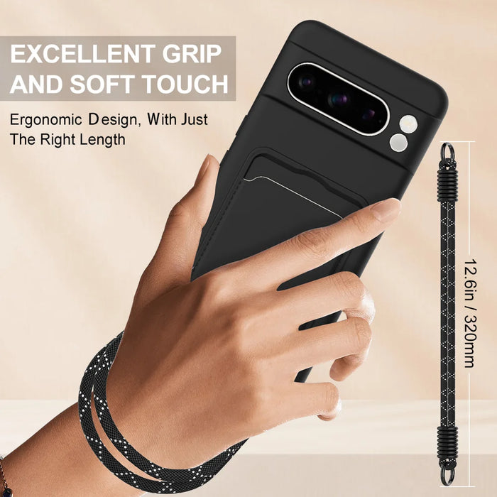 For Google Pixel 8 Pro Liquid Silicone Case  Phone Back Cover with Card Holder and Short Strap - Black - 3