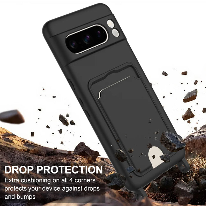 For Google Pixel 8 Pro Liquid Silicone Case  Phone Back Cover with Card Holder and Short Strap - Black - 5