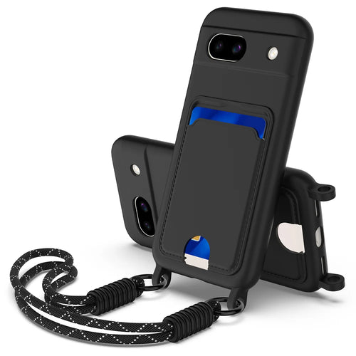 For Google Pixel 8a Liquid Silicone Case  Phone Back Cover with Card Holder and Short Strap - Black - 1