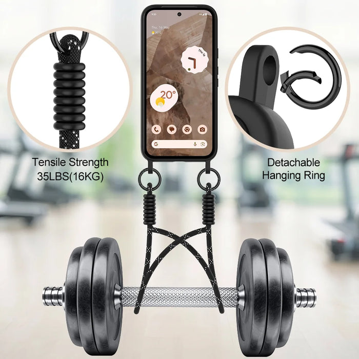 For Google Pixel 8a Liquid Silicone Case  Phone Back Cover with Card Holder and Short Strap - Black - 4