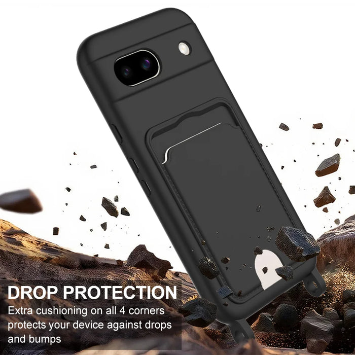 For Google Pixel 8a Liquid Silicone Case  Phone Back Cover with Card Holder and Short Strap - Black - 5