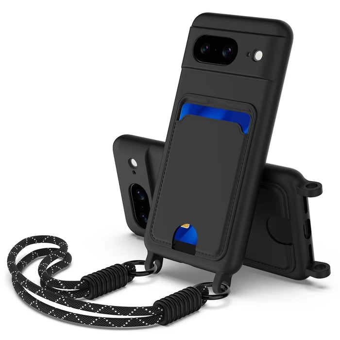 For Google Pixel 8 Liquid Silicone Case  Phone Back Cover with Card Holder and Short Strap - Black - 1