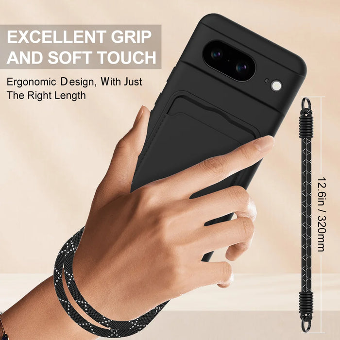 For Google Pixel 8 Liquid Silicone Case  Phone Back Cover with Card Holder and Short Strap - Black - 3