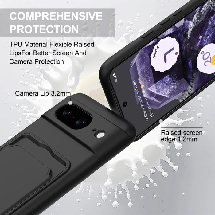 For Google Pixel 8 Liquid Silicone Case  Phone Back Cover with Card Holder and Short Strap - Black - 7
