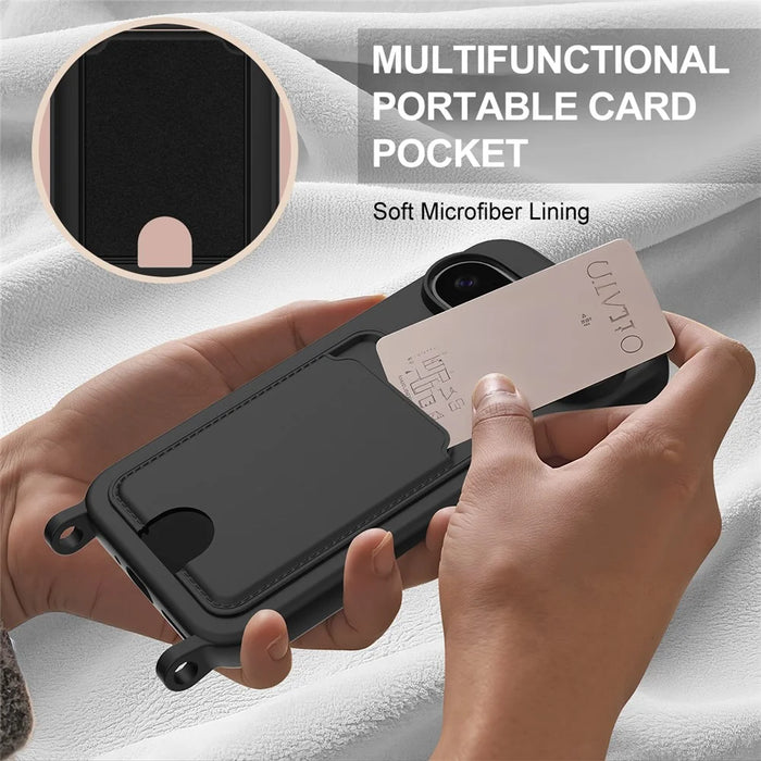 For Google Pixel 9 Pro XL Liquid Silicone Case  Phone Back Cover with Card Holder and Short Strap - Black - 6