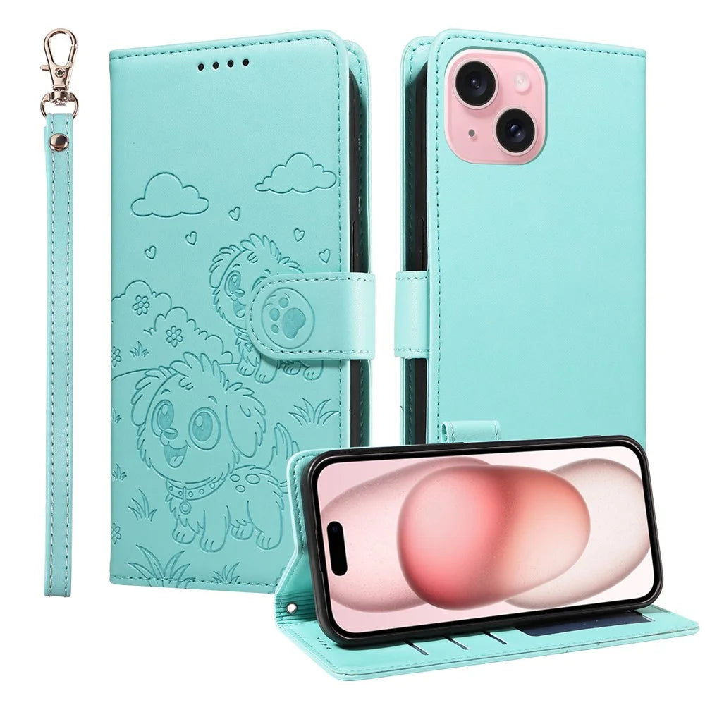 For iPhone 15 Case RFID Blocking Imprinted Dog Pattern PU Leather Phone Cover with Wrist Strap - Green - 1