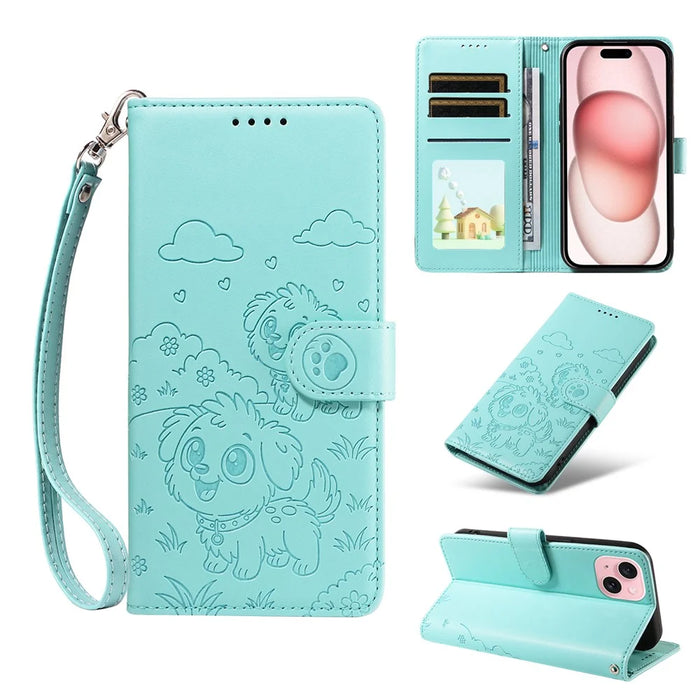For iPhone 15 Case RFID Blocking Imprinted Dog Pattern PU Leather Phone Cover with Wrist Strap - Green - 2