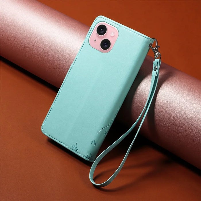 For iPhone 15 Case RFID Blocking Imprinted Dog Pattern PU Leather Phone Cover with Wrist Strap - Green - 3