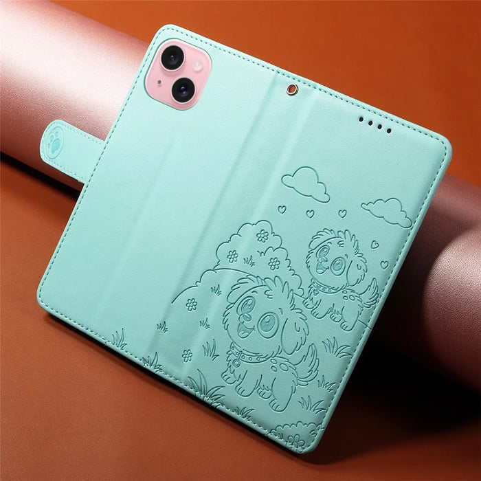 For iPhone 15 Case RFID Blocking Imprinted Dog Pattern PU Leather Phone Cover with Wrist Strap - Green - 4