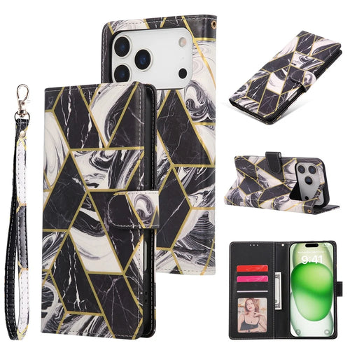 For iPhone 18 Pro Max / 17 Pro Max Case Lacquered Marble Pattern Leather Phone Cover with Wrist Strap - Black - 1
