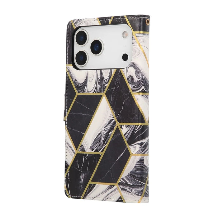 For iPhone 18 Pro Max / 17 Pro Max Case Lacquered Marble Pattern Leather Phone Cover with Wrist Strap - Black - 6