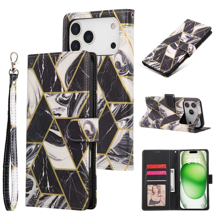 For iPhone 18 Pro / 17 Pro Case Lacquered Marble Pattern Leather Phone Cover with Wrist Strap - Black - 1
