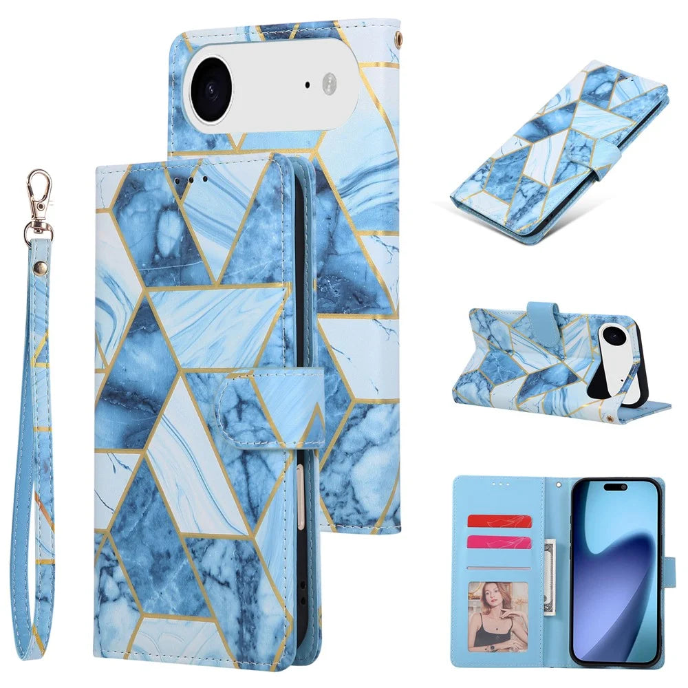 For iPhone Air Case Lacquered Marble Pattern Leather Phone Cover with Wrist Strap - Blue - 1