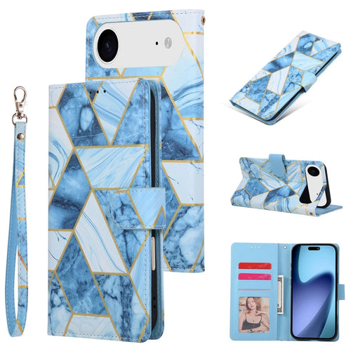 For iPhone Air Case Lacquered Marble Pattern Leather Phone Cover with Wrist Strap - Blue - 1