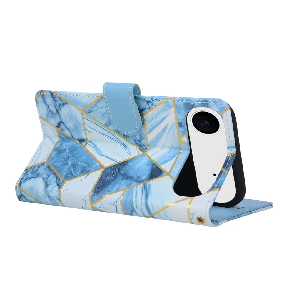 For iPhone Air Case Lacquered Marble Pattern Leather Phone Cover with Wrist Strap - Blue - 2