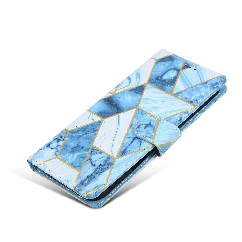 For iPhone Air Case Lacquered Marble Pattern Leather Phone Cover with Wrist Strap - Blue - 5