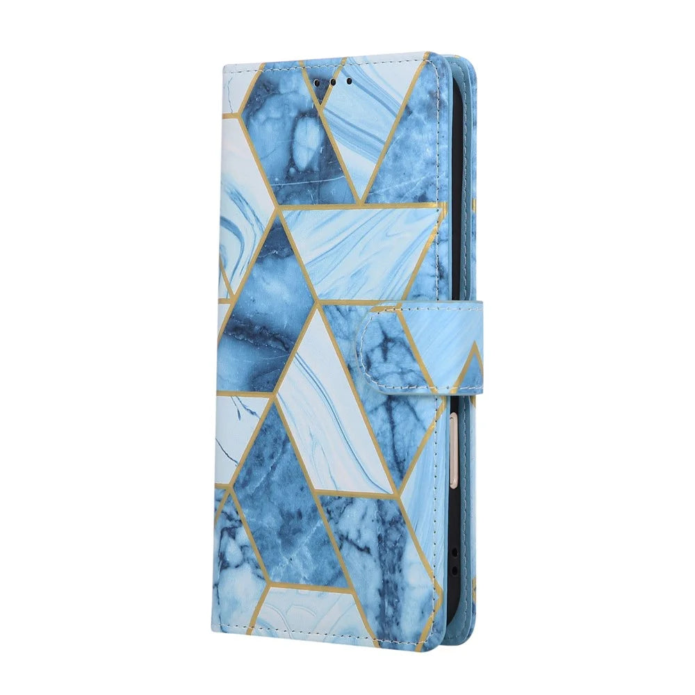 For iPhone Air Case Lacquered Marble Pattern Leather Phone Cover with Wrist Strap - Blue - 6