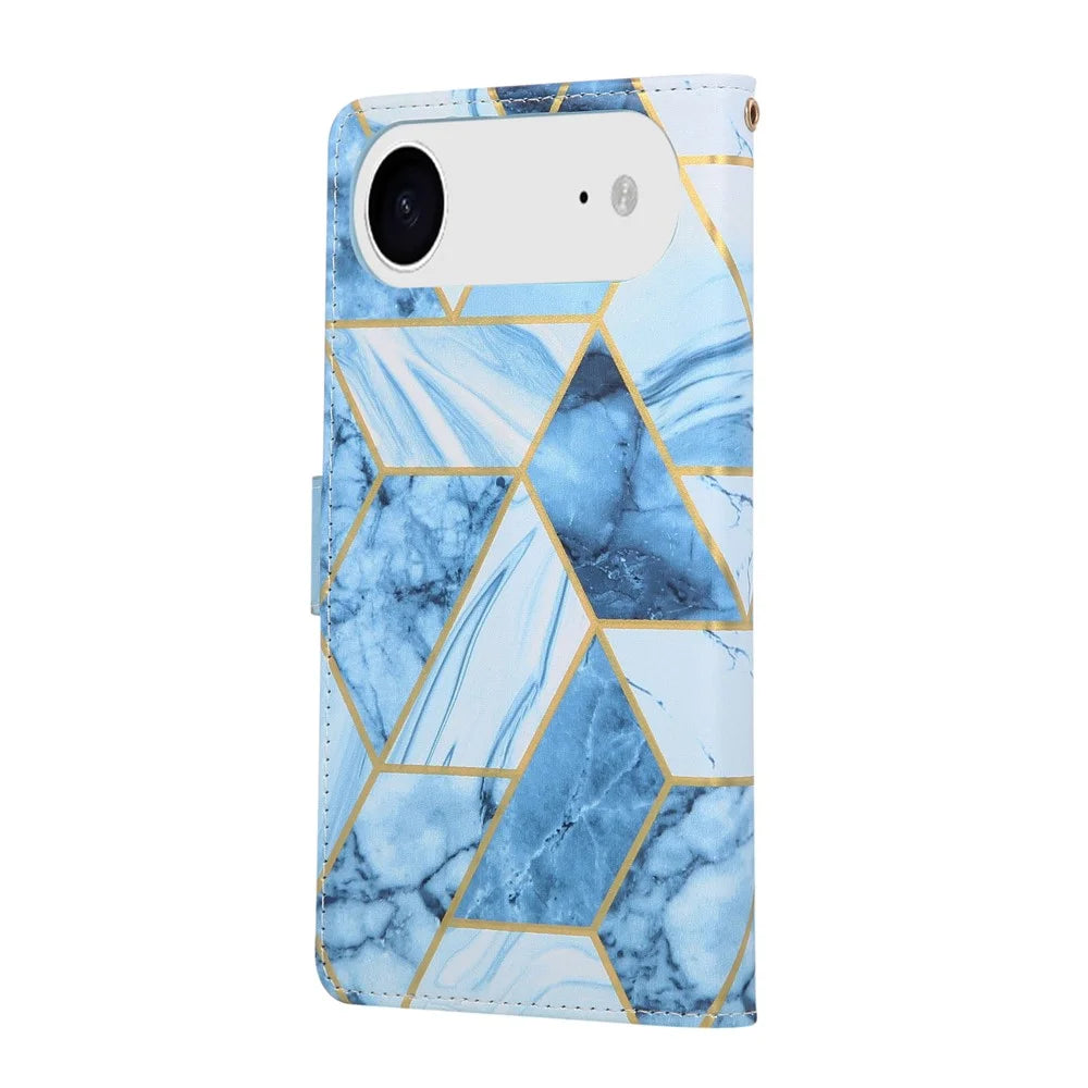 For iPhone Air Case Lacquered Marble Pattern Leather Phone Cover with Wrist Strap - Blue - 7