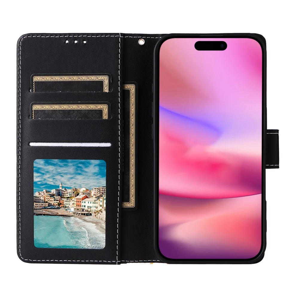 For iPhone 17 Case Lacquered Marble Pattern Leather Phone Cover with Wrist Strap - Black - 2