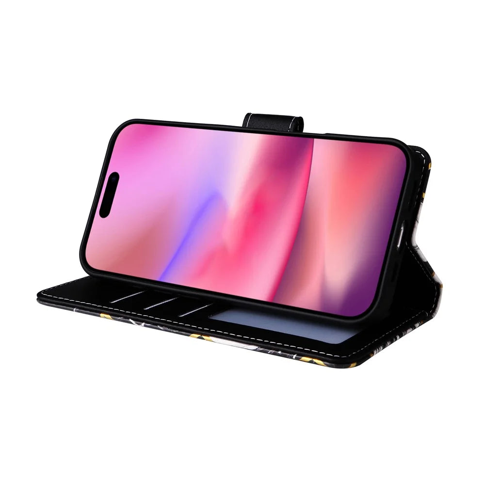For iPhone 17 Case Lacquered Marble Pattern Leather Phone Cover with Wrist Strap - Black - 3
