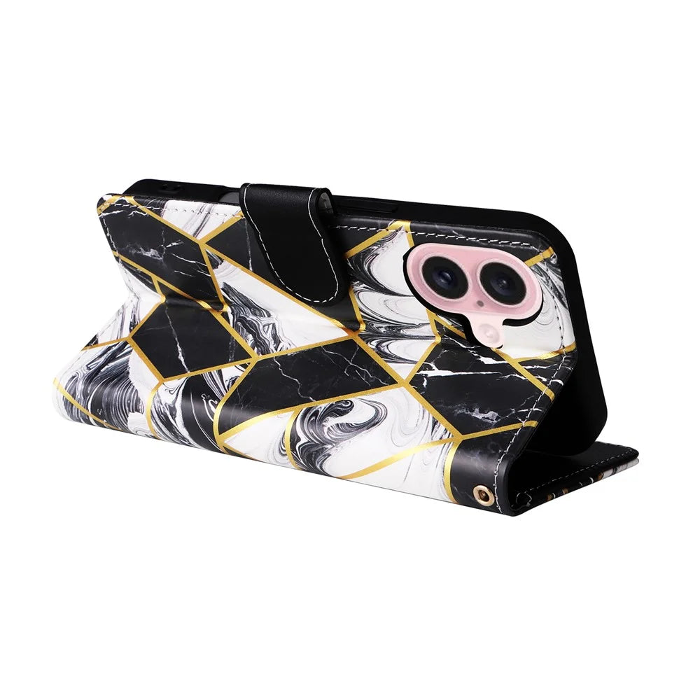 For iPhone 17 Case Lacquered Marble Pattern Leather Phone Cover with Wrist Strap - Black - 4