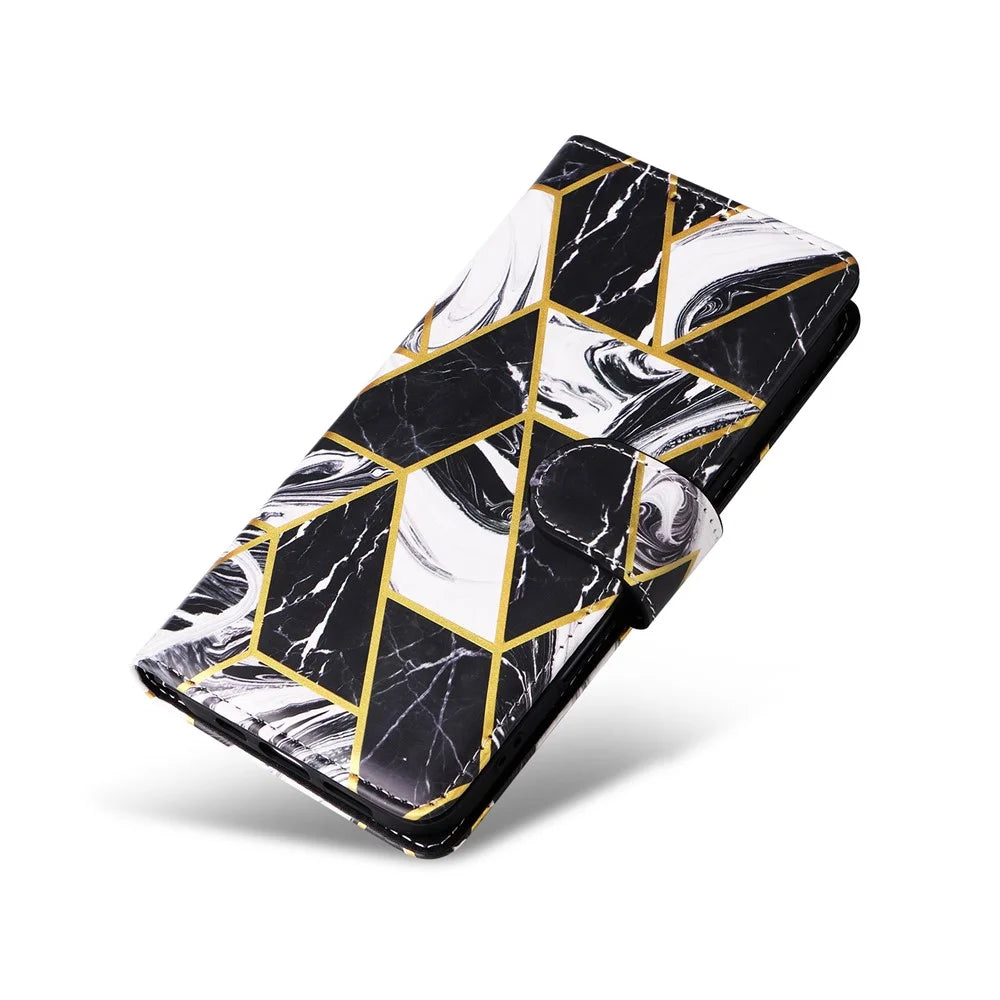 For iPhone 17 Case Lacquered Marble Pattern Leather Phone Cover with Wrist Strap - Black - 5