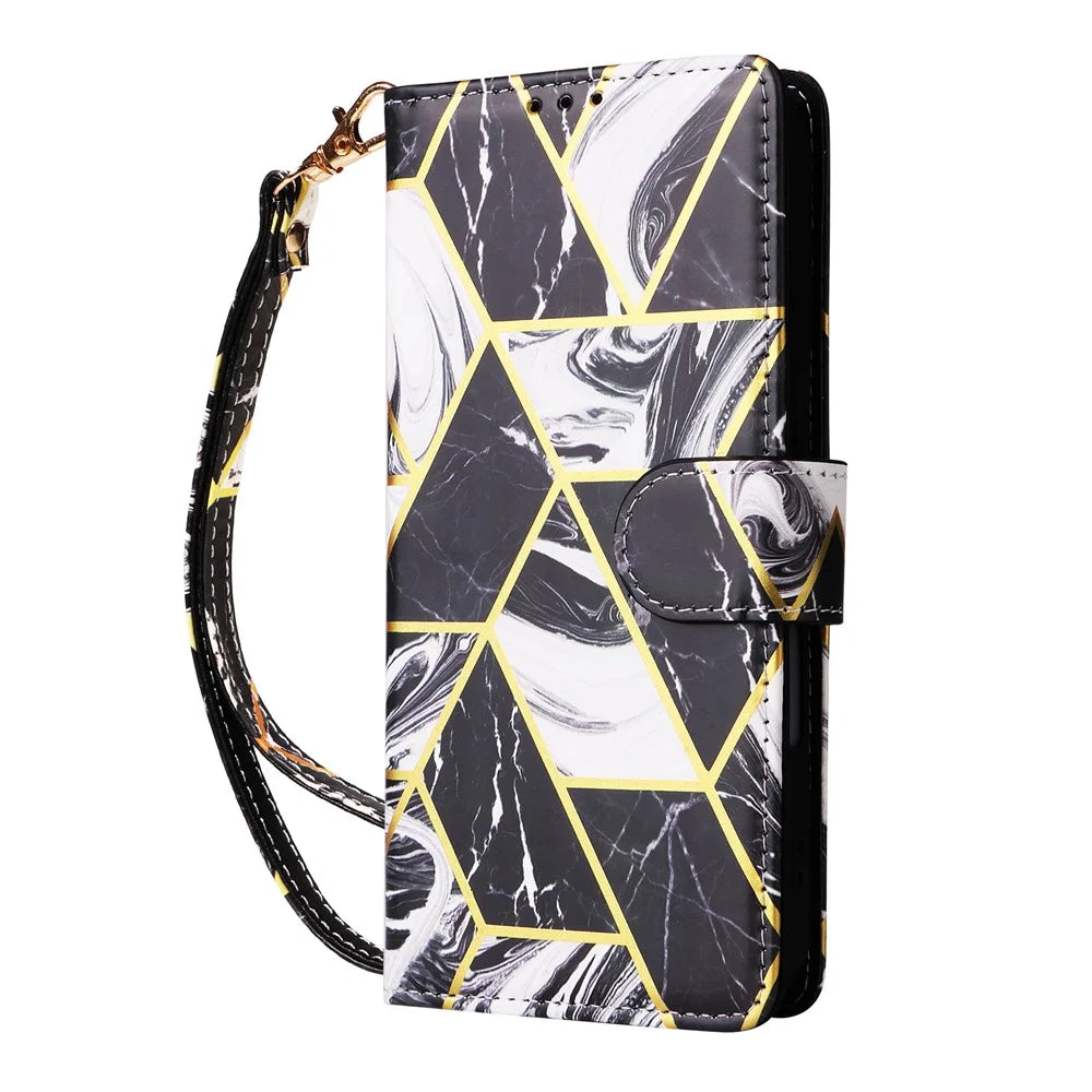 For iPhone 17 Case Lacquered Marble Pattern Leather Phone Cover with Wrist Strap - Black - 6