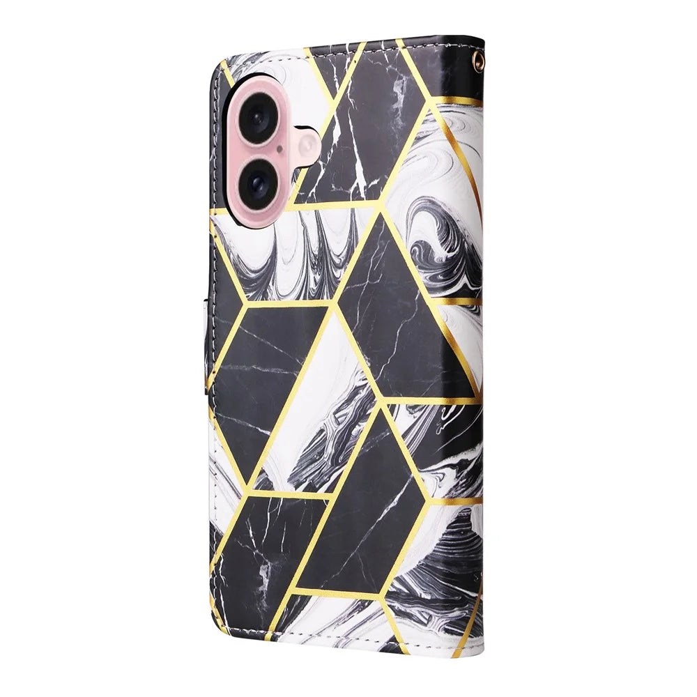 For iPhone 17 Case Lacquered Marble Pattern Leather Phone Cover with Wrist Strap - Black - 7