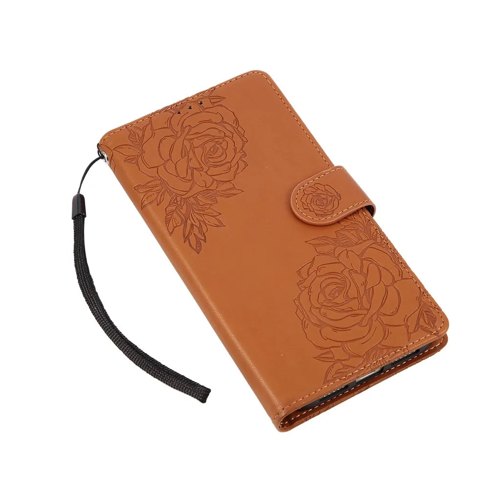 For iPhone 18 Pro Max / 17 Pro Max Case Rose Flower PU Leather Wallet Phone Cover with 3 Card Slots / Wrist Strap - Brown - 5
