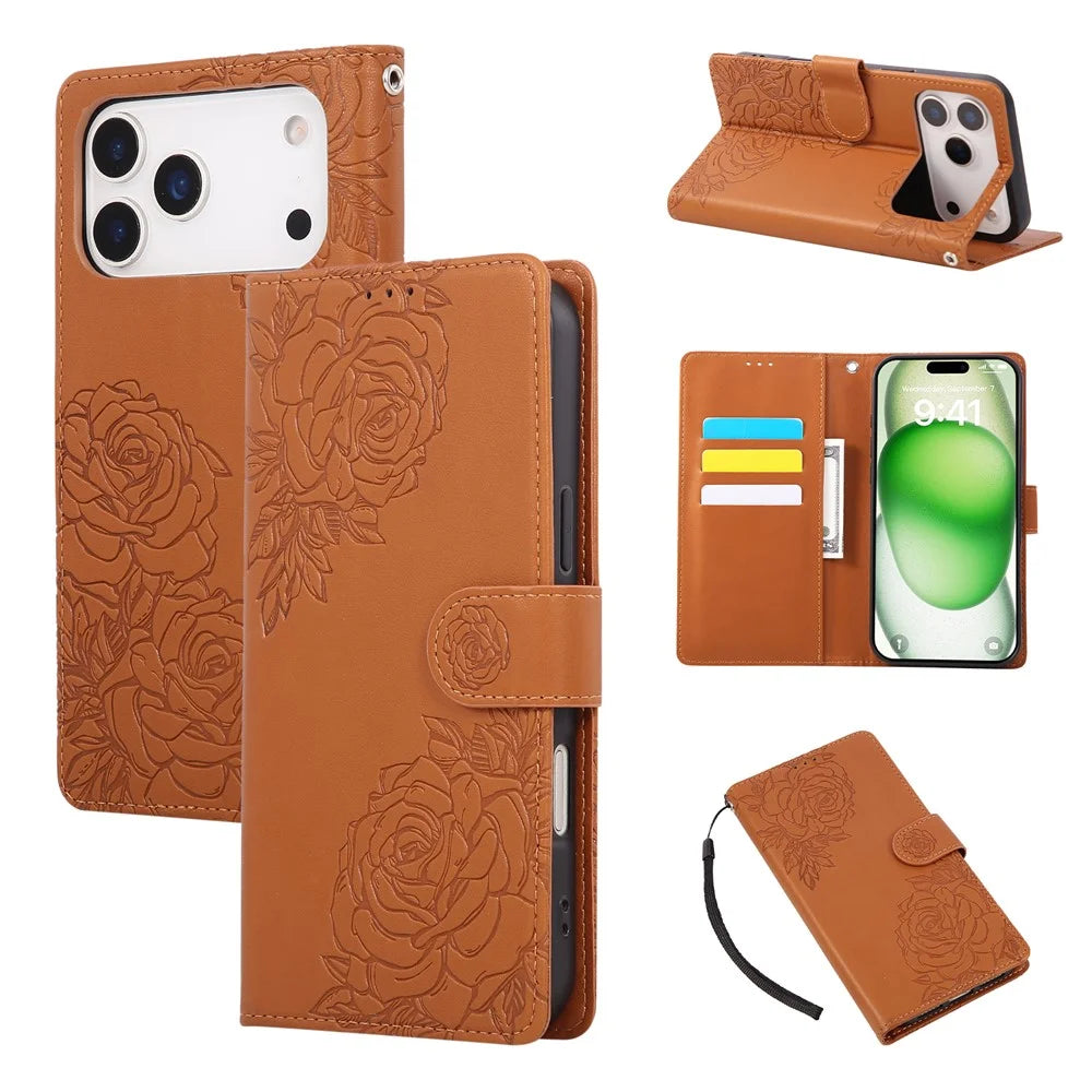 For iPhone 18 Pro / 17 Pro Case Rose Flower PU Leather Wallet Phone Cover with 3 Card Slots / Wrist Strap - Brown - 1