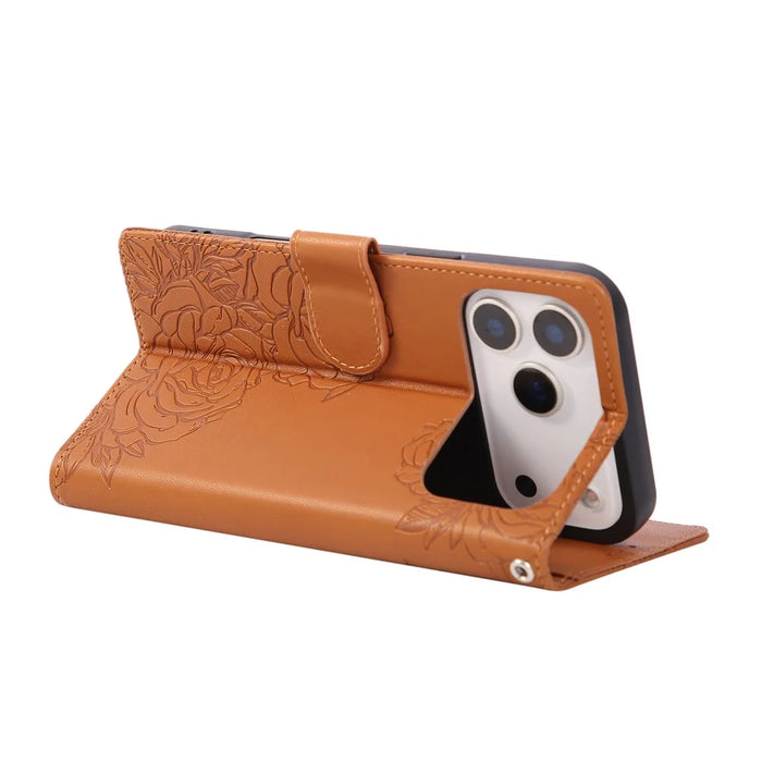 For iPhone 18 Pro / 17 Pro Case Rose Flower PU Leather Wallet Phone Cover with 3 Card Slots / Wrist Strap - Brown - 2