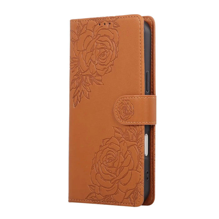 For iPhone 18 Pro / 17 Pro Case Rose Flower PU Leather Wallet Phone Cover with 3 Card Slots / Wrist Strap - Brown - 6