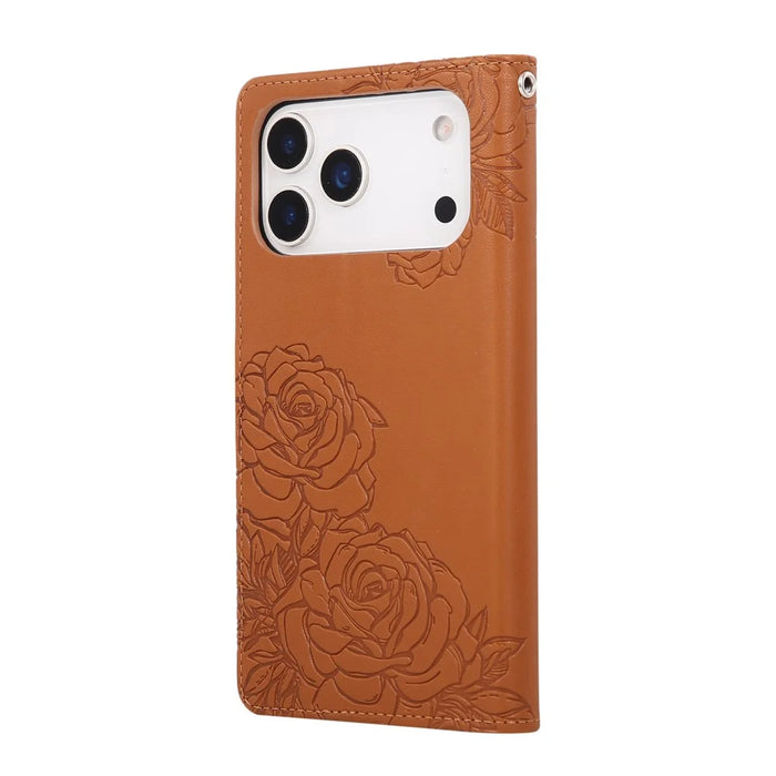 For iPhone 18 Pro / 17 Pro Case Rose Flower PU Leather Wallet Phone Cover with 3 Card Slots / Wrist Strap - Brown - 7