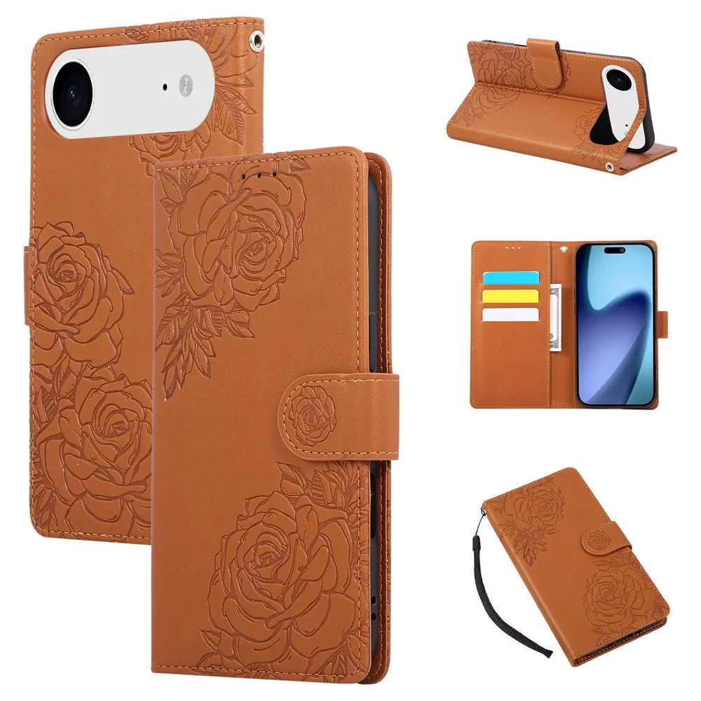 For iPhone Air Case Rose Flower PU Leather Wallet Phone Cover with 3 Card Slots / Wrist Strap - Brown - 1