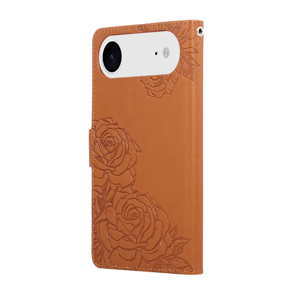 For iPhone Air Case Rose Flower PU Leather Wallet Phone Cover with 3 Card Slots / Wrist Strap - Brown - 7
