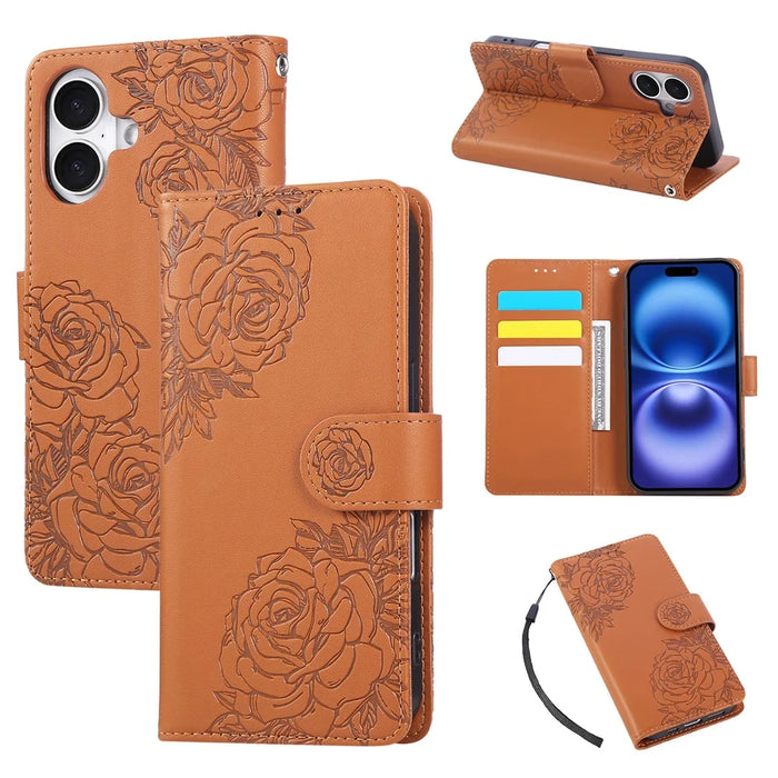 For iPhone 17 Case Rose Flower PU Leather Wallet Phone Cover with 3 Card Slots / Wrist Strap - Brown - 1