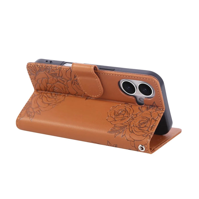 For iPhone 17 Case Rose Flower PU Leather Wallet Phone Cover with 3 Card Slots / Wrist Strap - Brown - 2