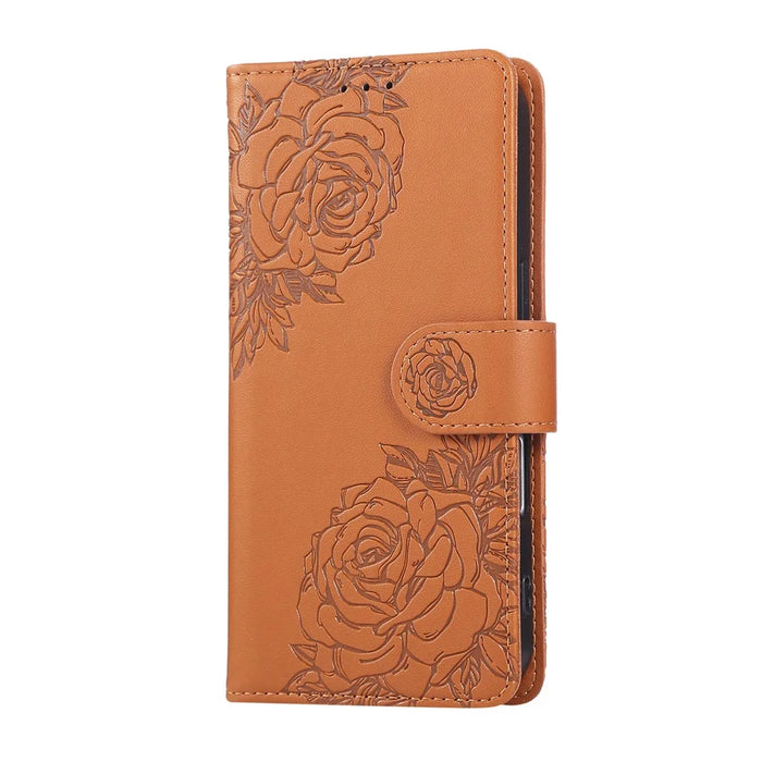 For iPhone 17 Case Rose Flower PU Leather Wallet Phone Cover with 3 Card Slots / Wrist Strap - Brown - 6