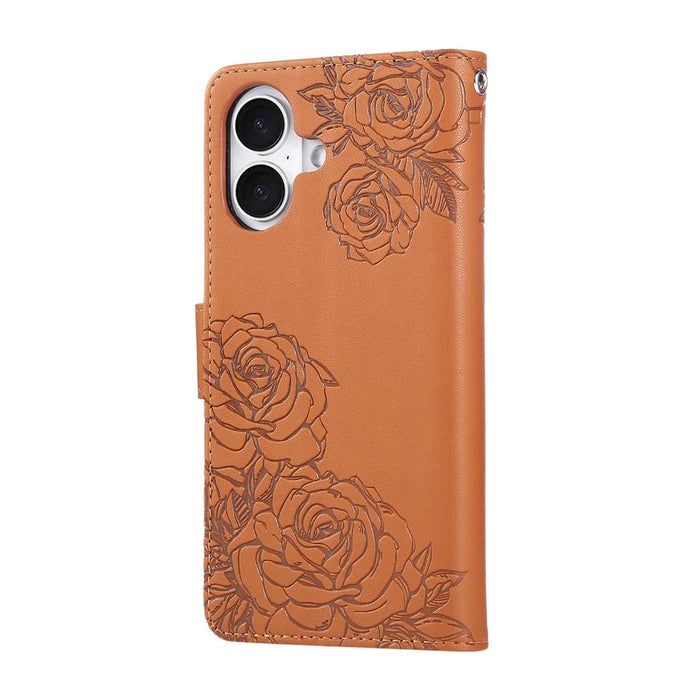 For iPhone 17 Case Rose Flower PU Leather Wallet Phone Cover with 3 Card Slots / Wrist Strap - Brown - 7